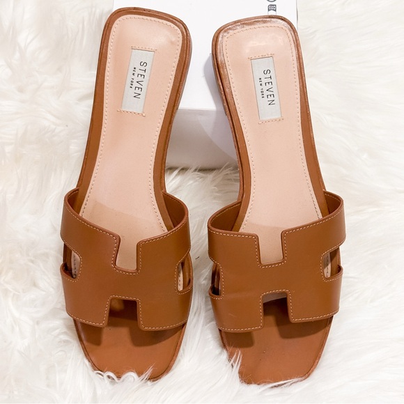 Steve Madden HADYN COGNAC LEATHER Brown Slide Sandals - Picture 5 of 9